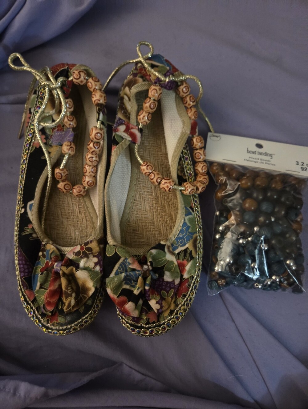Colorful espadrille shoes gold ankle ties. Bead Missing New Set Of Beads Include